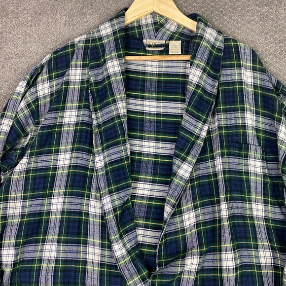 LL Bean Flannel Robe Men's Large Green Blue Plaid Check Bath Sleep - Picture 2 of 8